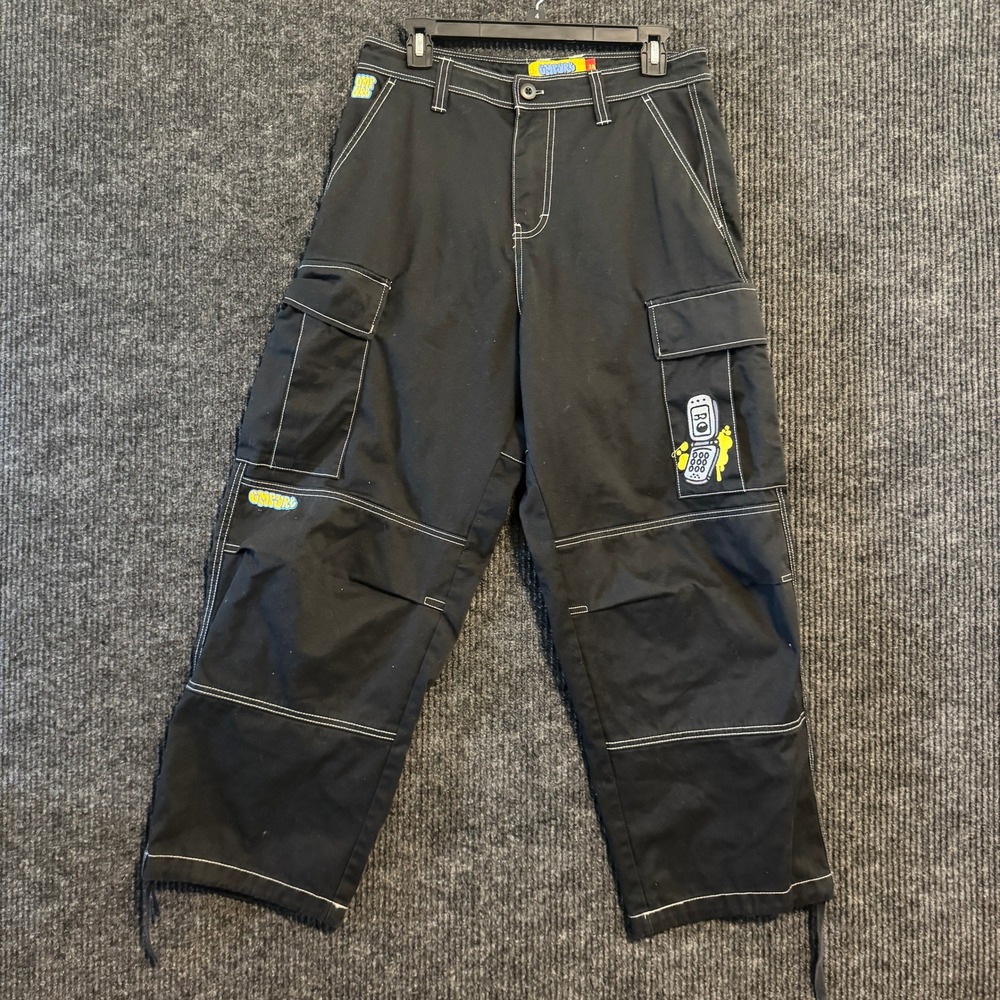 Empyre Cargo Pants Mens 28 Black White Contrast Stitch Flip Phone Baggy Skate